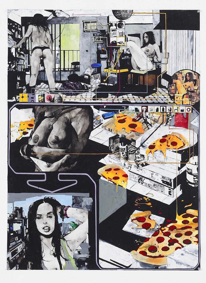 Zak Smith, Girls in the Naked Girl Business: Brandy Aniston with Pizza
2013, Acrylic and Ink on Paper