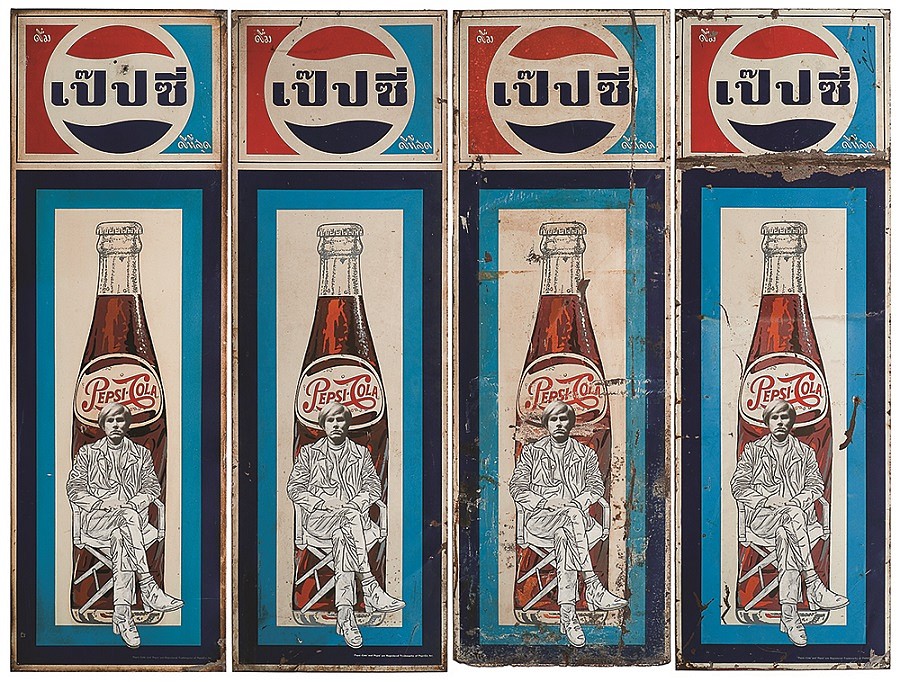 Pakpoom Silaphan, Four Times Andy Sits on Pepsi
2012, Mixed Media on Vintage Metal Sign