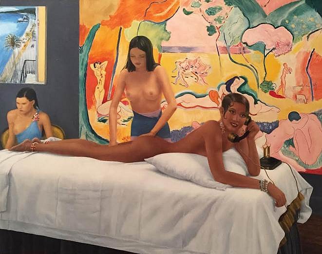 Hilary Harkness, Night at the Steins: Josephine with 'Two Tahitian Women'
2016, Oil on Panel