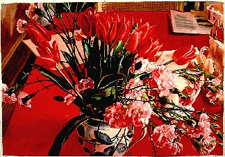 Carolyn Brady, Red Tulips & Pink Carnations on Red Table
1986, Watercolor on Arches Paper