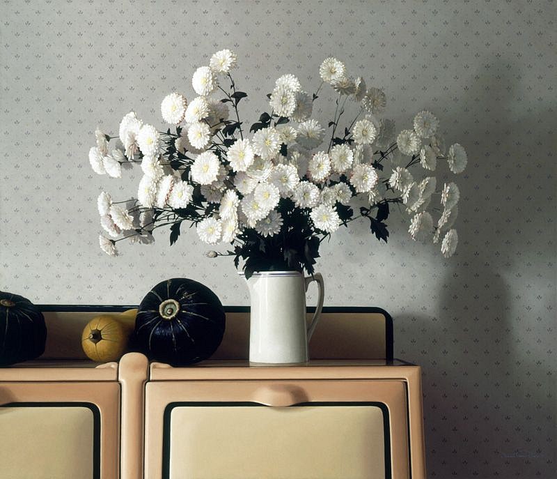 Richard Thomas Davis, White Mums
1990, Oil Emulsion over Tempera on Canvas