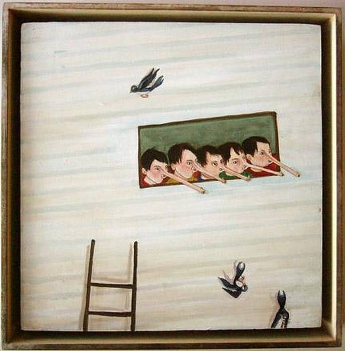 Amy Cutler, Bird Watchers
2002, Casein, Flashe on Wood