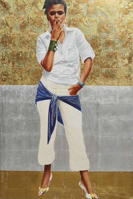 Barkley Hendricks, Triple Portrait: World Conqueror
2011, Oil, Aluminum Leaf, Variegation Leaf and Combination Gold Leaf on Cotton Canvas