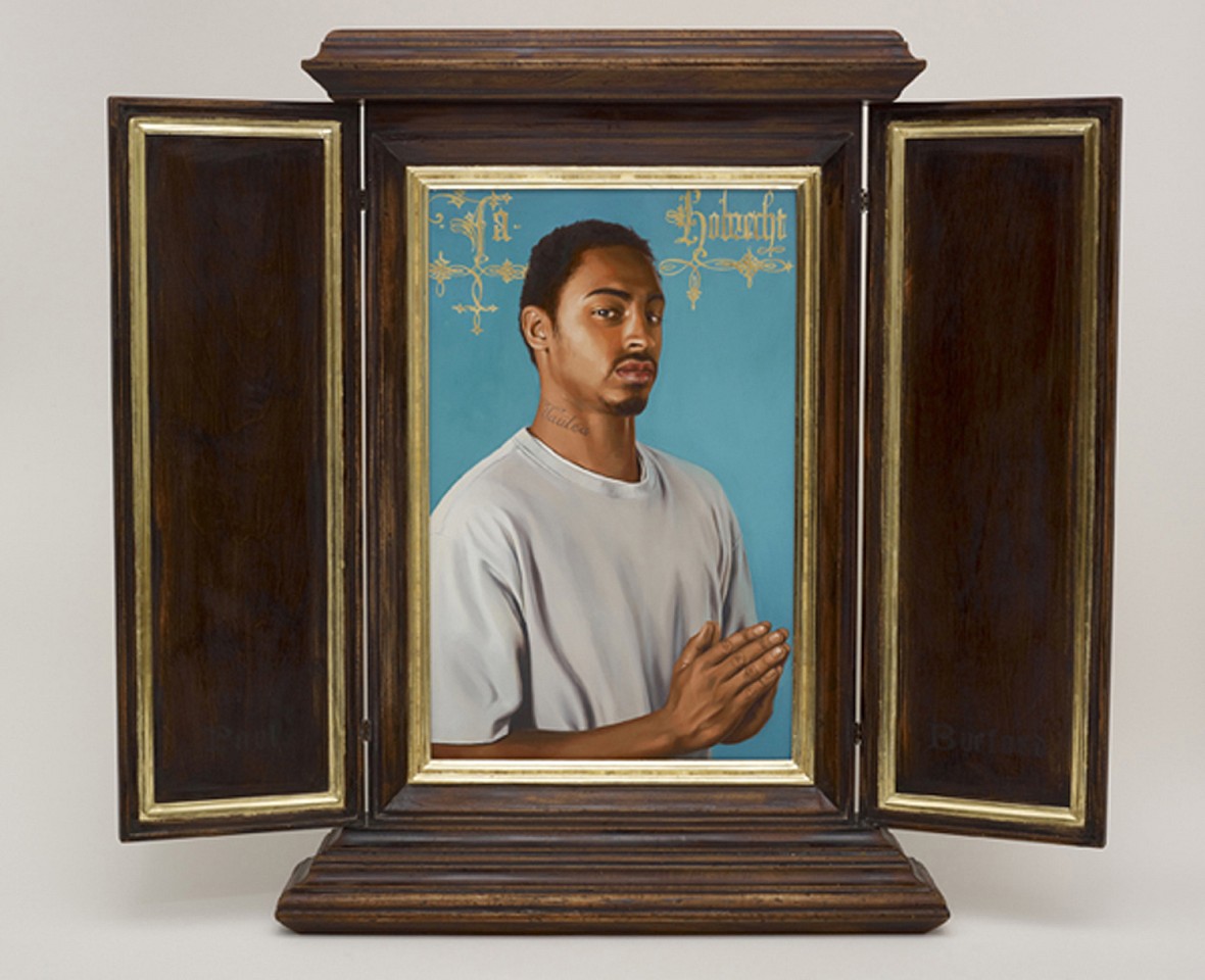 Kehinde Wiley, After Memling's Portrait of Jacob Obrecht
2013, Oil on Wood Panel in artist designed hand fabricated frame with 22K gold leaf gilding