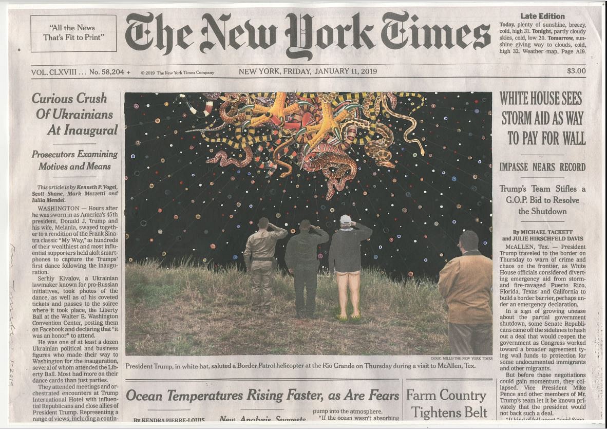 Fred Tomaselli, January 11, 2019
2019, Guache, collage, and archival inkjet print on watercolor paper