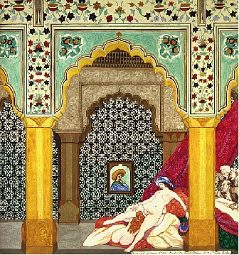 Joyce Kozloff, Inside the Amber Place (or the Pasha Peeks), (#7  Patterns of Desire  "Pornament is Crime")
1989-1990, Watercolor on Paper